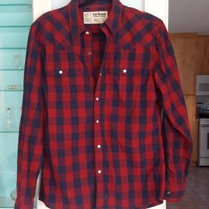 Red buffalo check button down shirt